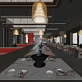 Modern Hot Pot Restaurant Interior With Red Booths Wooden Lanterns And Open Layout