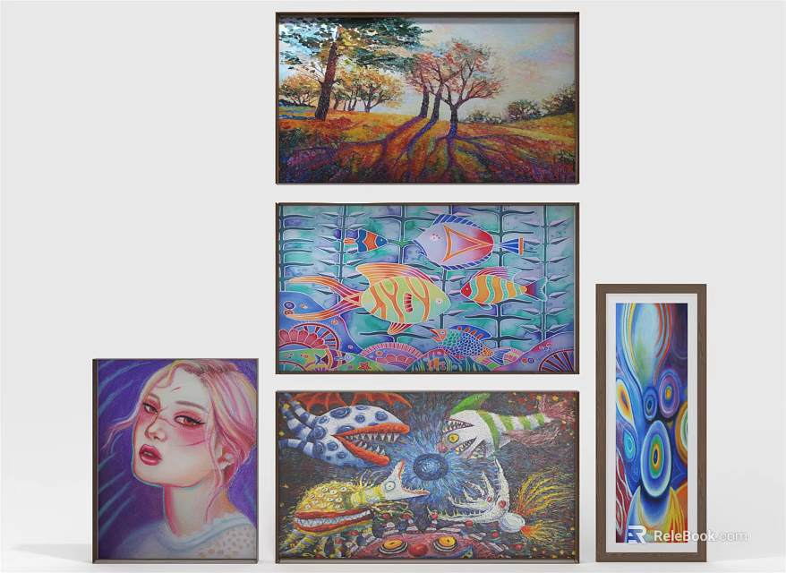 Various Framed Art Paintings Including Landscape Fish Portrait And Abstract Designs 3d model 