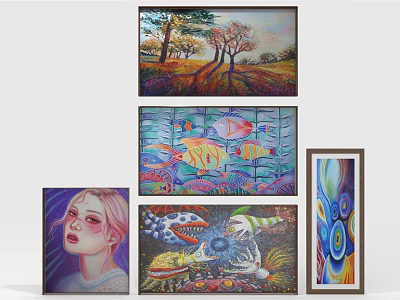 Various Framed Art Paintings Including Landscape Fish Portrait And Abstract Designs 3d model