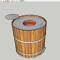 Outdoor Wooden Barrel Grill With Open Lid On Stone Pavement And Grass Area