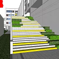 Modern Outdoor Stairs With Green Steps Yellow Accent Lines And Surrounding Buildings