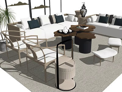 Elegant Modern Sofa Set With White Upholstery Black Cushions Coffee Tables And Wicker Chairs 3d model