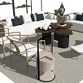 Elegant Modern Sofa Set With White Upholstery Black Cushions Coffee Tables And Wicker Chairs