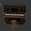 Elegant Brown Wooden Upright Piano With Round Stool For Classic Music Room