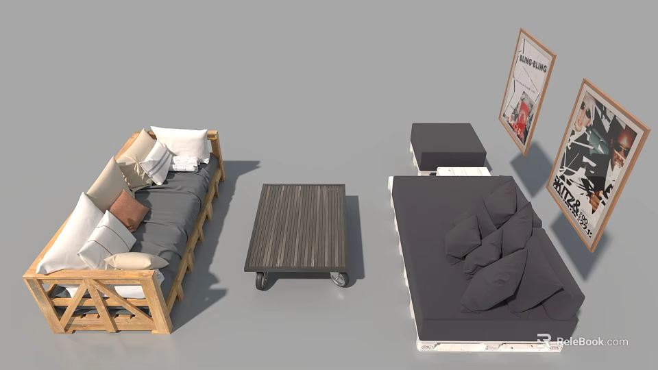 Wooden Frame Sofa Set With Gray Cushions Multiple Pillows Dark Gray Ottoman And Coffee Table 3d model 