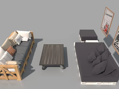 Wooden Frame Sofa Set With Gray Cushions Multiple Pillows Dark Gray Ottoman And Coffee Table 3d model