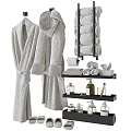 Soft Ribbed Towels and Bathrobes with Folded Towels on Shelves and White Slippers