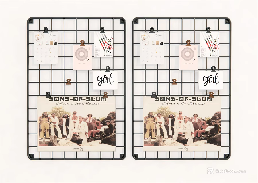 Grid Photo Wall Design With Metal Frame Clips Photos And Decorative Notes 3d model 