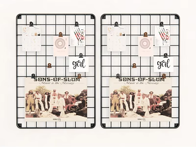 Grid Photo Wall Design With Metal Frame Clips Photos And Decorative Notes 3d model
