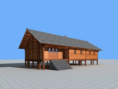 Traditional Wooden Ancient Architecture With Sloped Roof Stone Steps And Open Platform 3d model