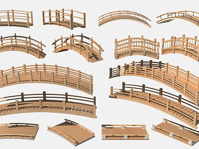 Collection Of Wooden Bridges With Various Railings Curved Shapes And Structures 3d model