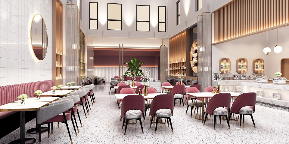 Elegant Restaurant Interior With Red Chairs Tables Large Windows And Plants 3d model