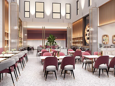 Elegant Restaurant Interior With Red Chairs Tables Large Windows And Plants 3d model
