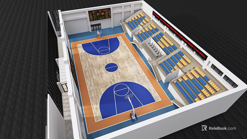 Basketball Gymnasium Interior With Wooden Court Blue Yellow Seats And Scoreboard 3d model 