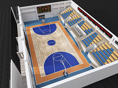 Basketball Gymnasium Interior With Wooden Court Blue Yellow Seats And Scoreboard 3d model