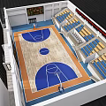 Basketball Gymnasium Interior With Wooden Court Blue Yellow Seats And Scoreboard
