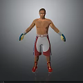 Shirtless Male Boxer Standing in Red White Shorts Red Shoes and Blue Yellow Gloves