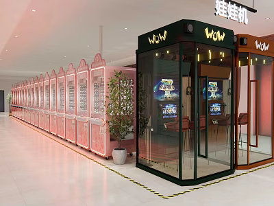 Shopping Mall Store Featuring Glass Claw Machine Booths And Pink Dividers 3d model