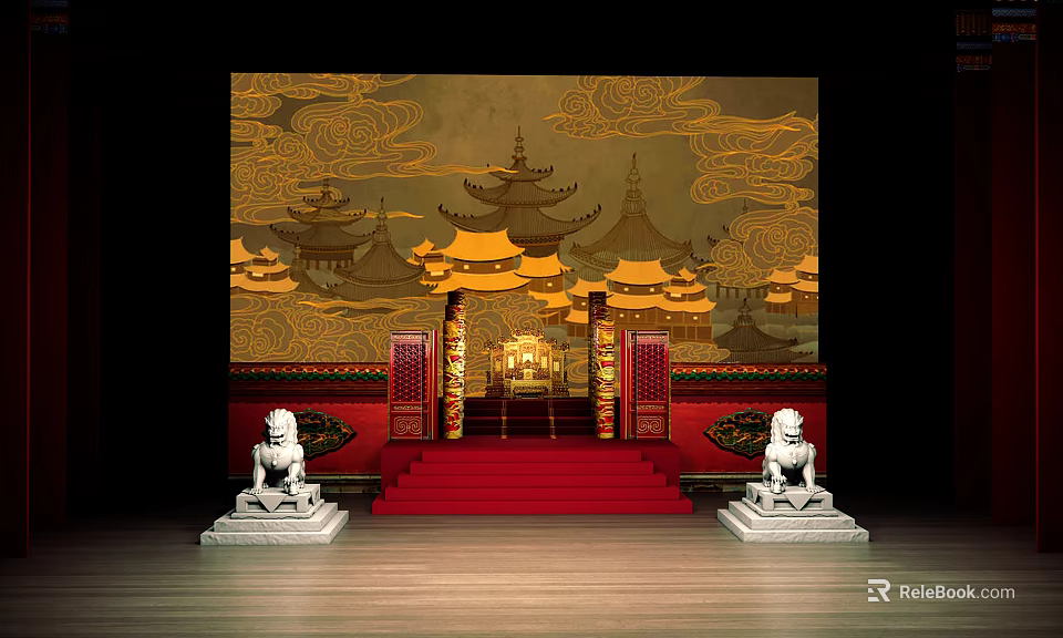 Traditional Chinese Ballroom Interior With Ancient Architecture Backdrop Red Steps Stone Lions And Wooden Floor 3d model 