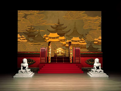 Traditional Chinese Ballroom Interior With Ancient Architecture Backdrop Red Steps Stone Lions And Wooden Floor 3d model