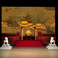 Traditional Chinese Ballroom Interior With Ancient Architecture Backdrop Red Steps Stone Lions And Wooden Floor