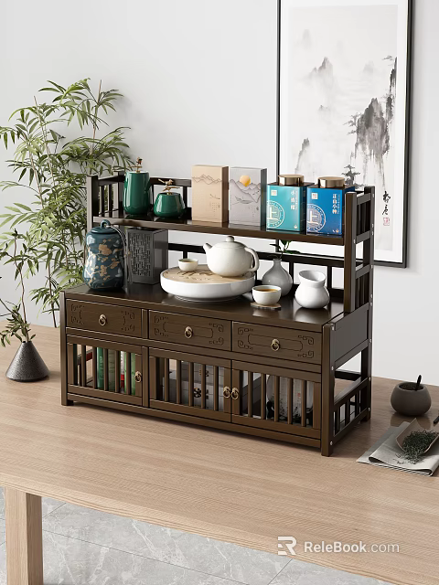 Traditional Wooden Display Cabinet With Carved Details Green Vases Teapot Tea Boxes And Bamboo Plant 3d model 