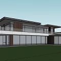 Modern Detached House Exterior With Large Glass Windows Green Lawn And Two Story Design