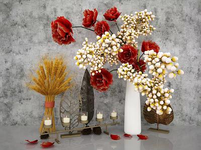 Decorative Ornament Set With Red Poppies White Berries Wheat Sheaves Leaf Decor Vase And Candles 3d model