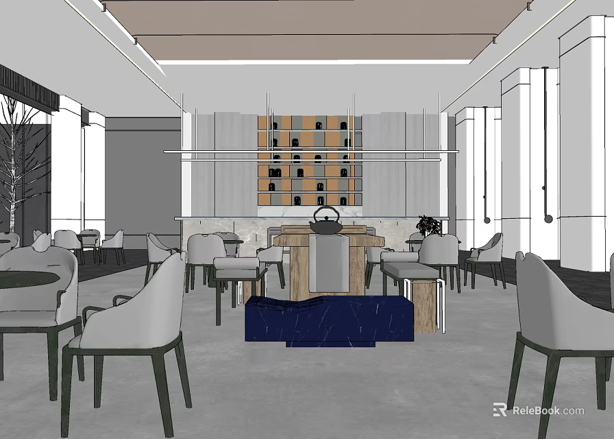 Modern Lounge Area Design With Tables Chairs Pendant Lights And Decorative Wall 3d model 