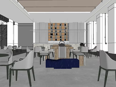 Modern Lounge Area Design With Tables Chairs Pendant Lights And Decorative Wall 3d model