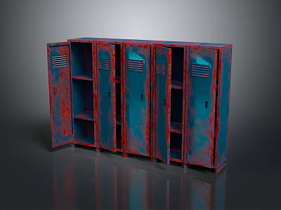 Rustic Vintage Lockers Furniture With Blue And Red Finish Multiple Open Doors And Shelves 3d model