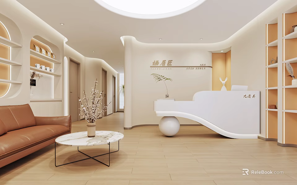 Modern Beauty Salon Interior Design With Reception Desk Sofa Decorative Plants And Wooden Flooring 3d model 