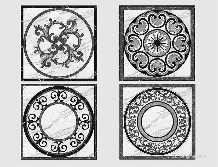 Intricate Floor Tiles Featuring Marble Background Square Designs And Black Decorative Patterns 3d model