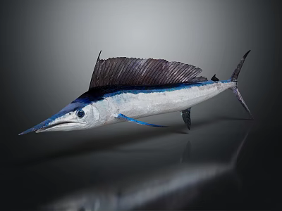 Sailfish With Deep Blue Dorsal Fin And Silver White Body On Dark Background With Reflection 3d model
