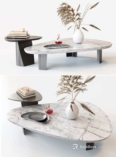 Elegant Modern Marble Coffee Table Featuring Oval Shape Vase Tray and Books 3d model