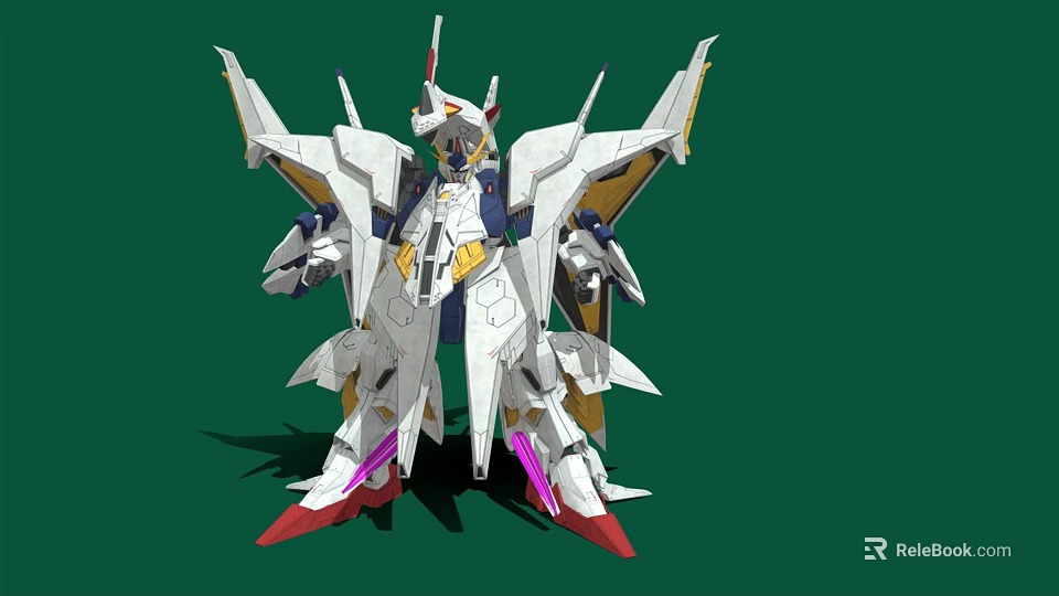 Futuristic White Yellow Mecha Robot Model With Purple Red Accents And Green Background 3d model 