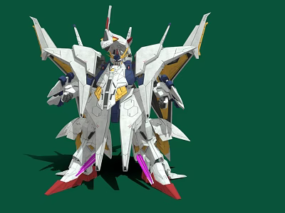 Futuristic White Yellow Mecha Robot Model With Purple Red Accents And Green Background 3d model