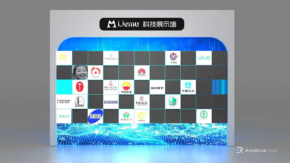 Technology Display Background Wall with Brand Logos Grid Pattern and Blue Light Effects 3d model 
