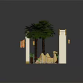 Ornate Entrance Gate With Palm Trees Camel Statue And Hanging Lanterns