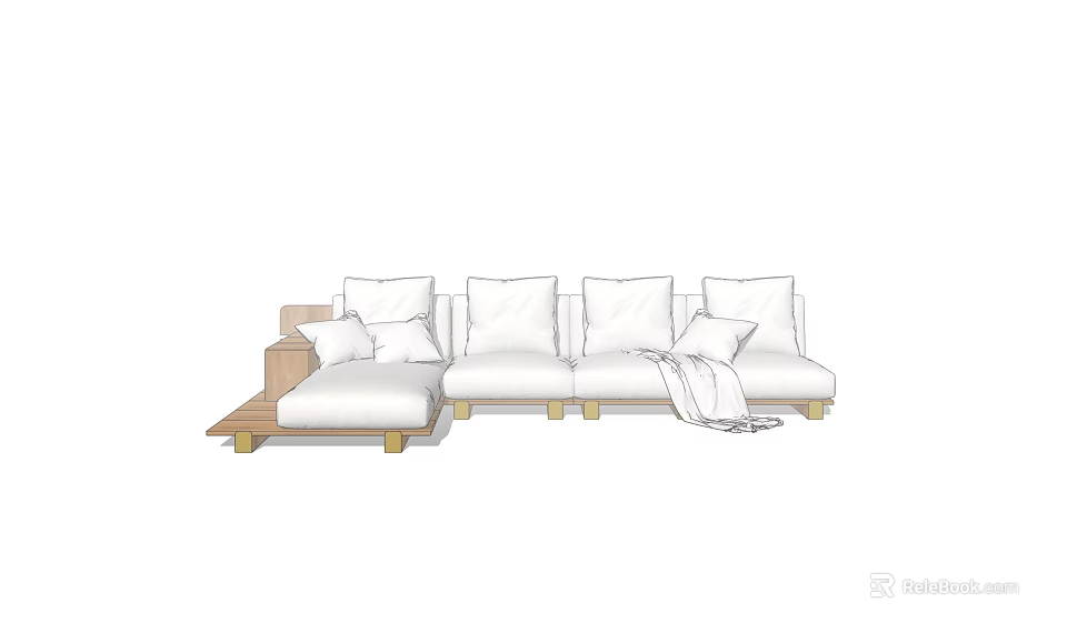 Modern Sectional Sofa with Plush Cushions Wooden Legs and Throw Blanket 3d model 