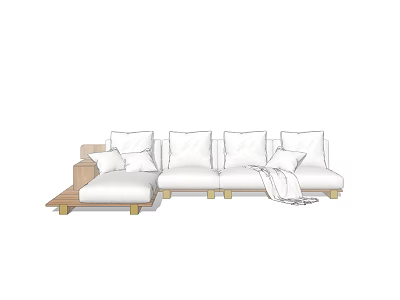 Modern Sectional Sofa with Plush Cushions Wooden Legs and Throw Blanket 3d model