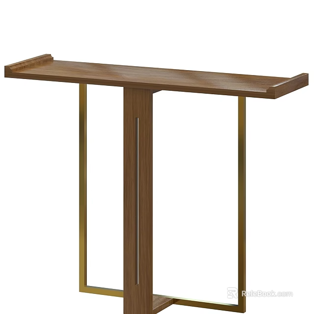 Modern Functional Desk With Walnut Wooden Tabletop And Golden Metal Legs For Home Office Use 3d model 