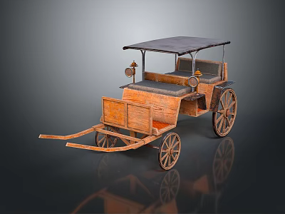 Vintage Wooden Horse Drawn Carriage With Canopy Top Leather Seats Brass Lamp And Spoked Wheels 3d model