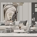 Elegant Modern Sofa Coffee Table Set With Throw Pillows Armchair Rug And Chandelier