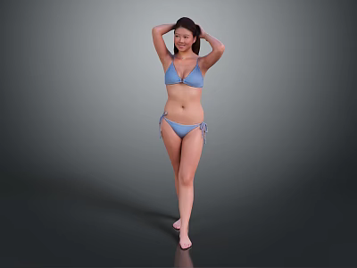 Woman in Blue Bikini Standing with Hands on Head Against Gray Background 3d model