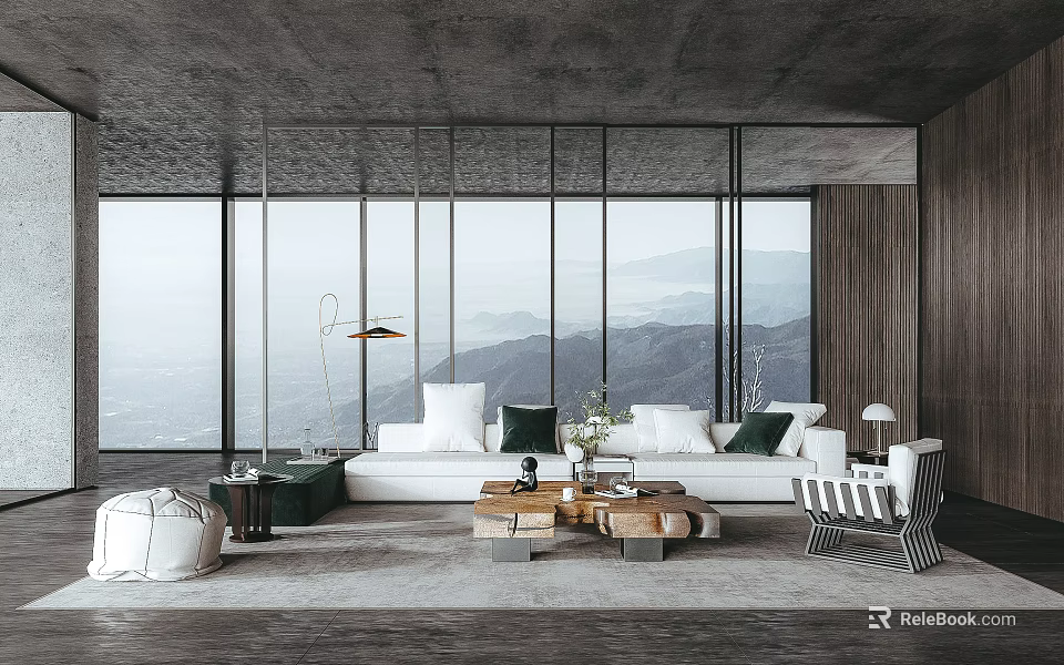 Modern Living Room Interior With Large Windows Mountain View And Comfortable Sofa 3d model 