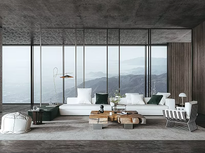 Modern Living Room Interior With Large Windows Mountain View And Comfortable Sofa 3d model