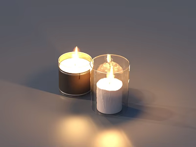 Burning Household Candles With Flame In Transparent And Brown Glass Holders 3d model