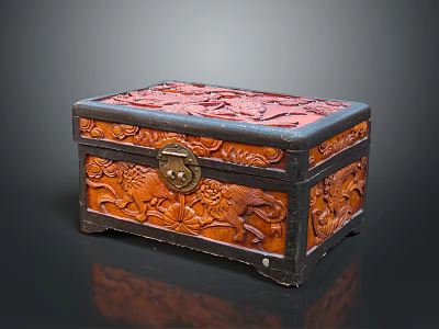 Decorative Carved Wooden Box With Floral Patterns And Metal Lock Design 3d model