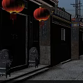 Traditional Commercial Street With Hanging Red Lanterns Door Couplets Stone Lions And Brick Houses